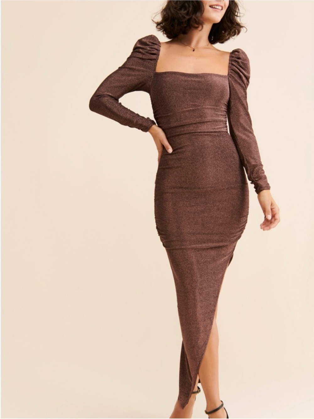 Astr Square-Neck Long Sleeve Shimmer Midi Dress in Brown